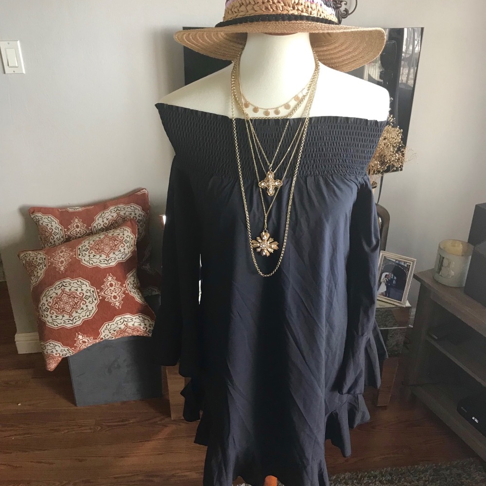 Black, off the shoulder, long sleeve short dress